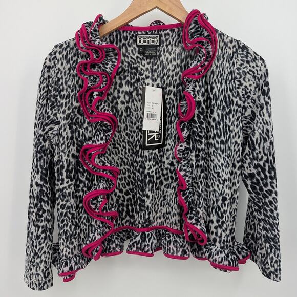 NEW Berek Leopard Ruffle S Cardigan Animal Print Pink Trim Y2K Maximalist Retro - Picture 1 of 10